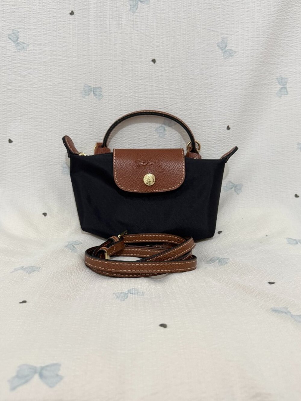Black Longchamp Le Pliage Mini Handbag with Extra Crossbody Strap